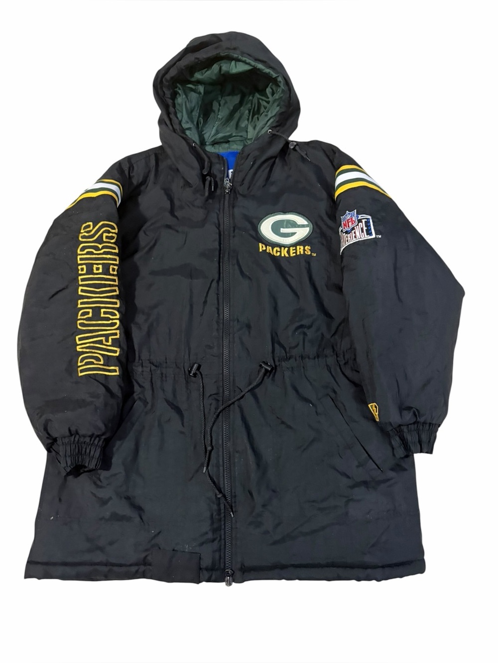VTG Pro Player Green Bay Packers Quilted Coat Mens XL Stitched Nylon Black NFL